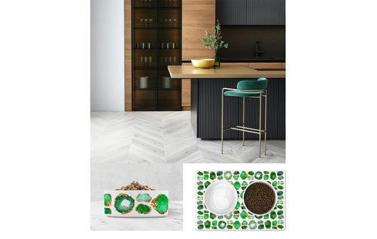 Kelly Wearstler Inspired Kitchen with Glamorous Emerald Green Jewel Pet Bowls & Mat