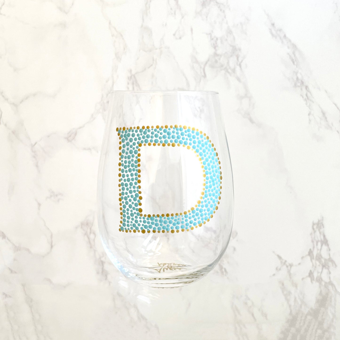 Personalized Wine Glass with Hand Painted Monogram Initial in Aqua Blue & Gold, One-of-a-Kind Handmade Gift