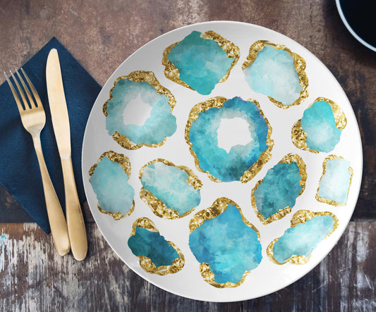 Luxury Aquamarine & Gold Gemstone Plastic Plates – Choose Single or Set