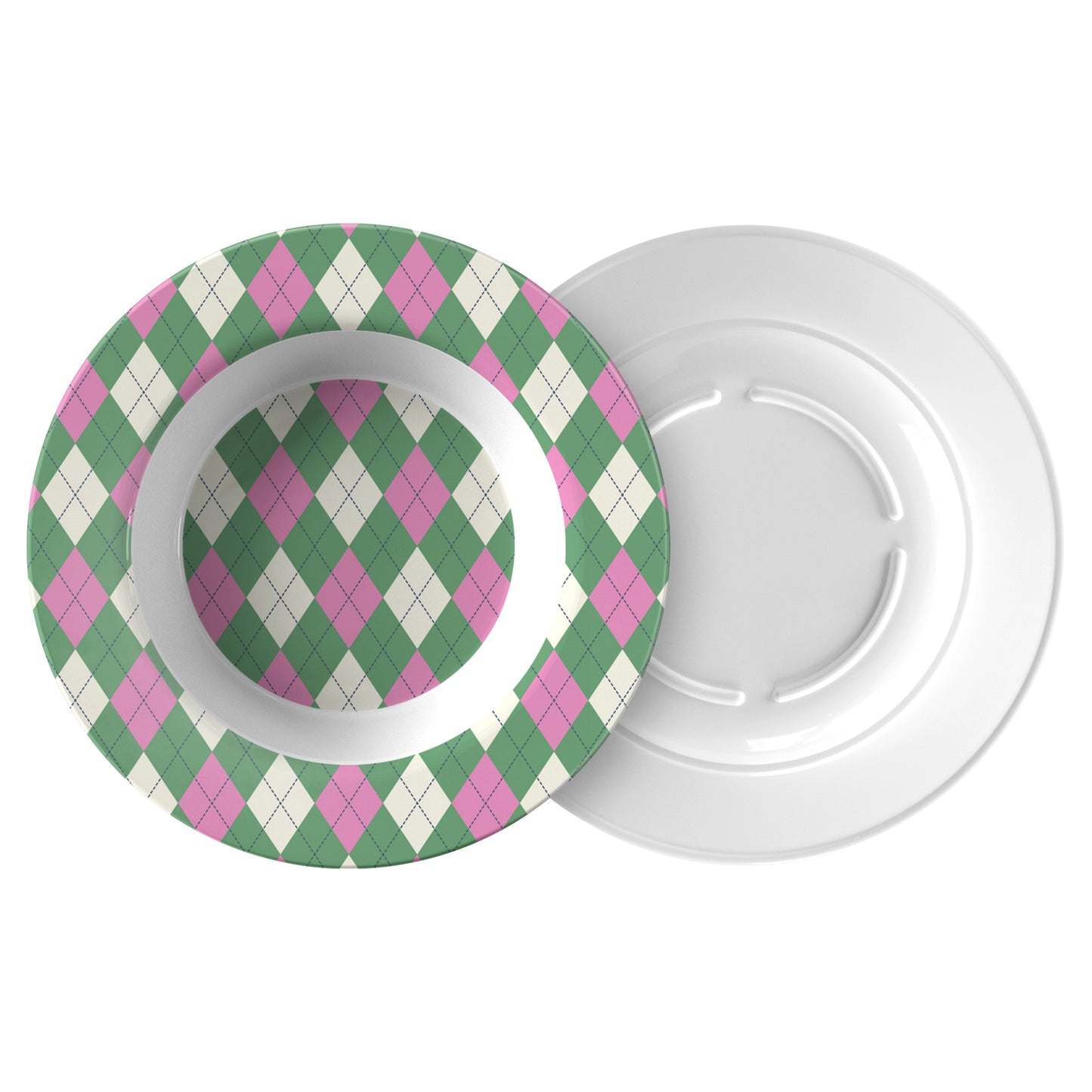 Argyle Bowl, Pink, Green and Cream, Luxury Plastic, Choose Single or Set