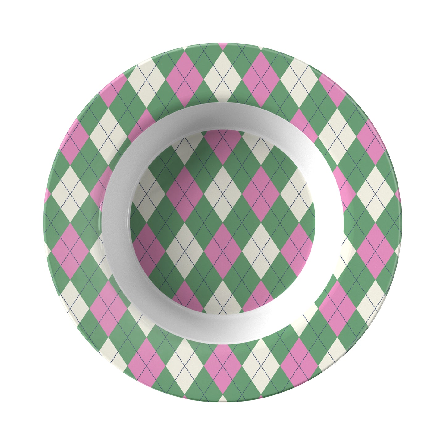 Rim Soup style bowl with a green and pink argyle diamond harlequin pattern.