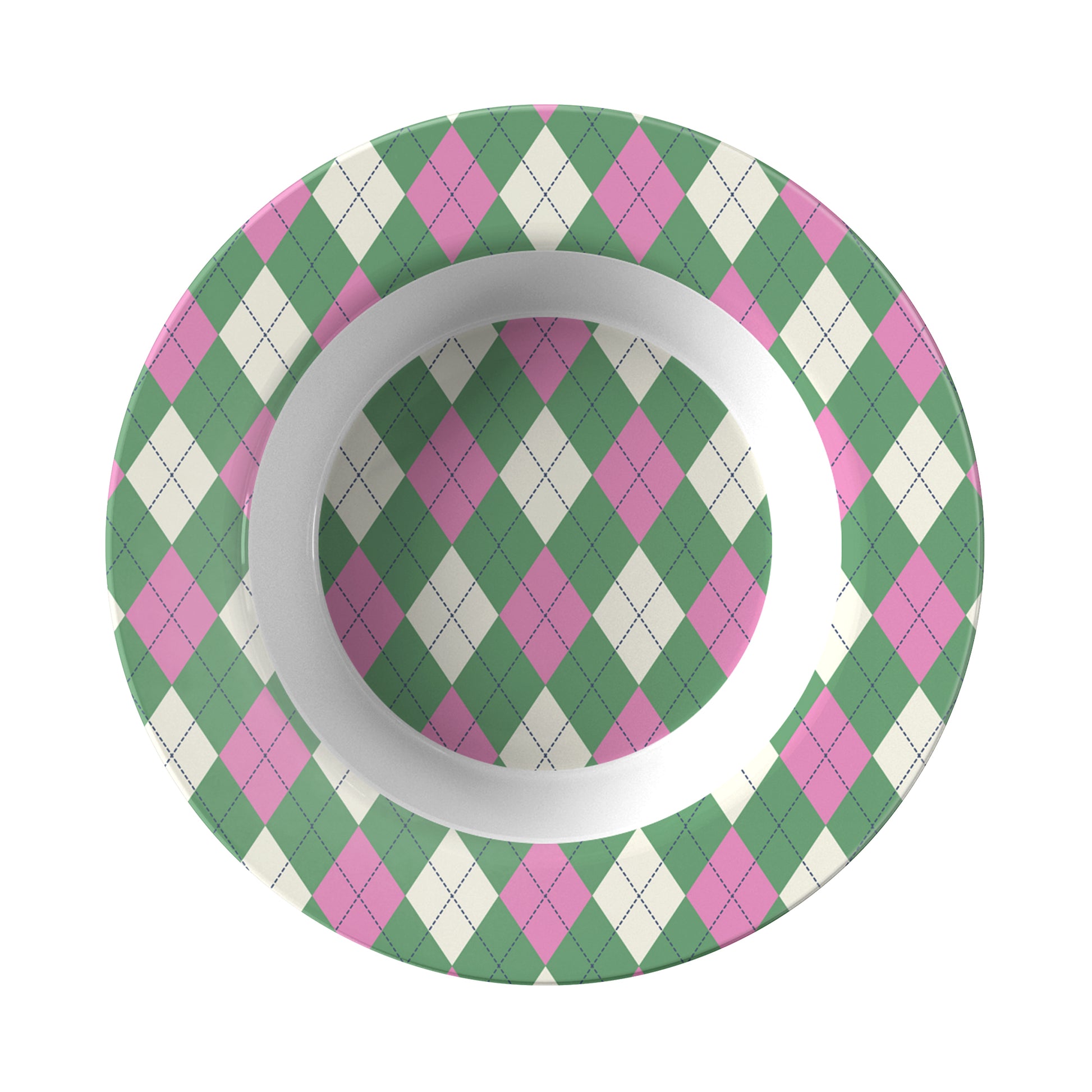 Rim Soup style bowl with a green and pink argyle diamond harlequin pattern.