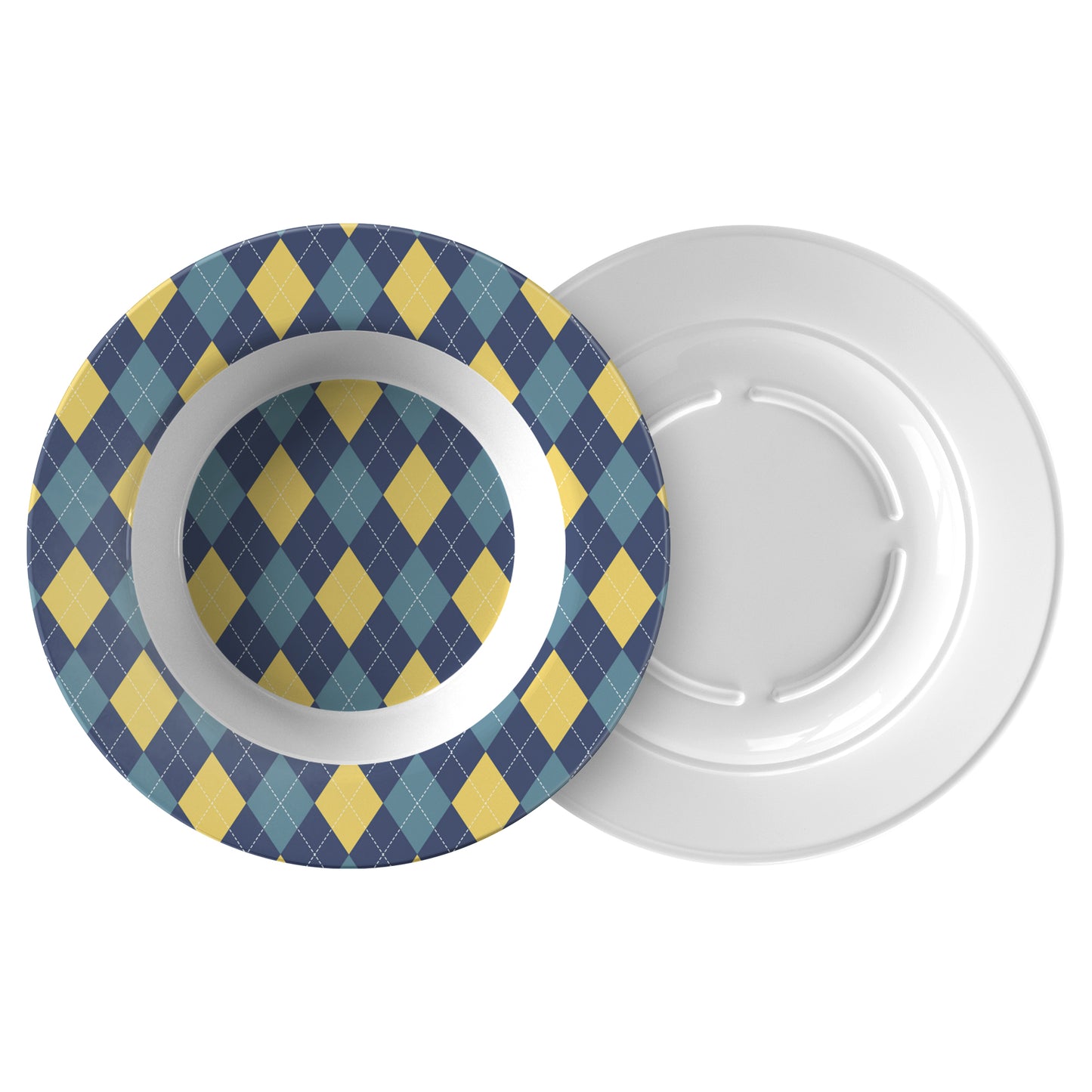 Argyle Bowl, Navy, Yellow and Teal, Luxury Plastic, Choose Single or Set