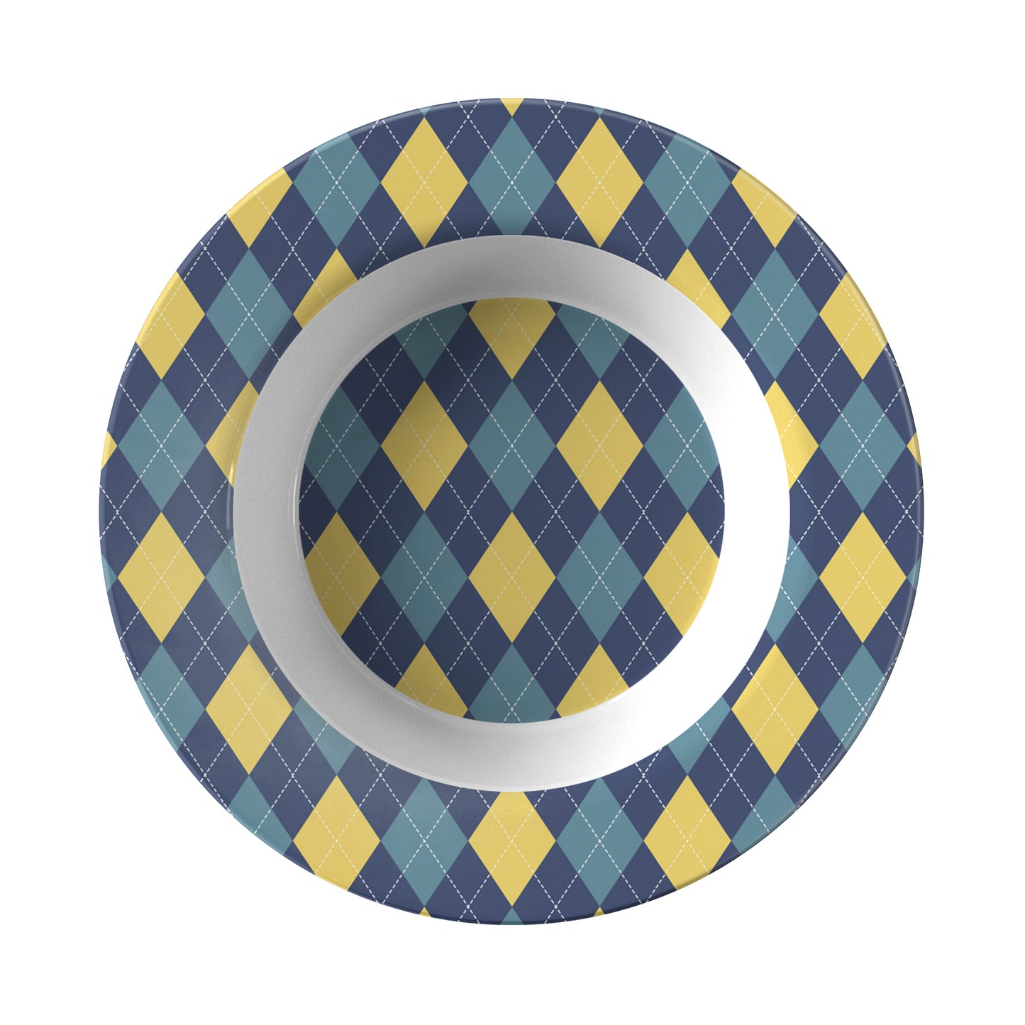 Rim soup bowl in an argyle diamond pattern in navy, yellow and teal.