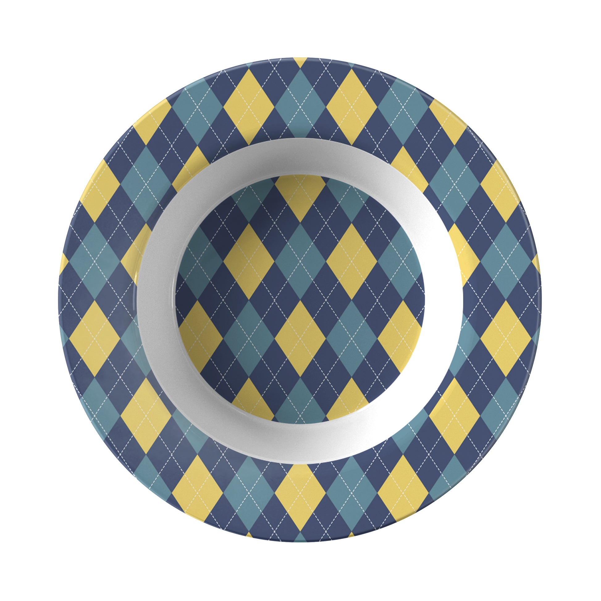 Rim soup bowl in an argyle diamond pattern in navy, yellow and teal.