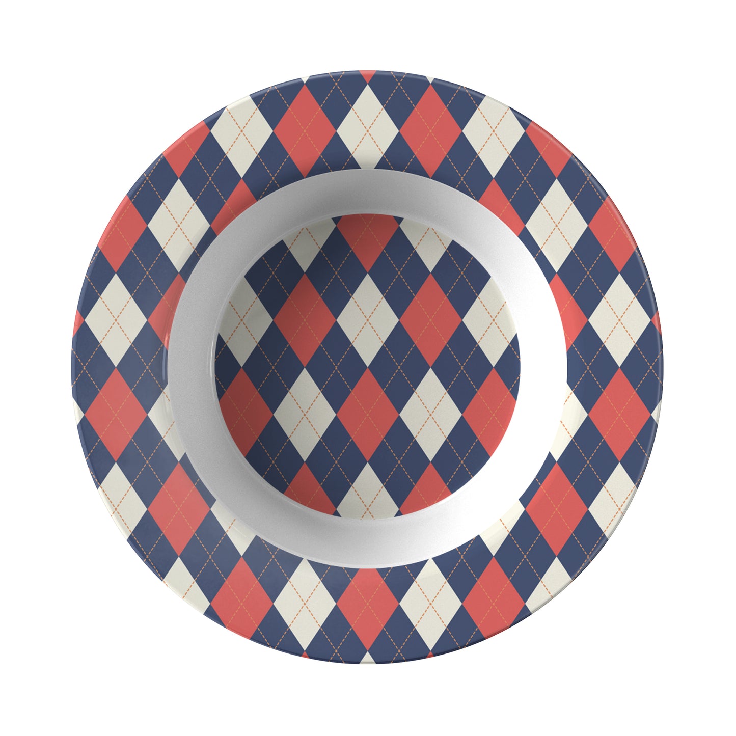 Rim soup bowl in a navy, red and cream argyle diamond pattern.