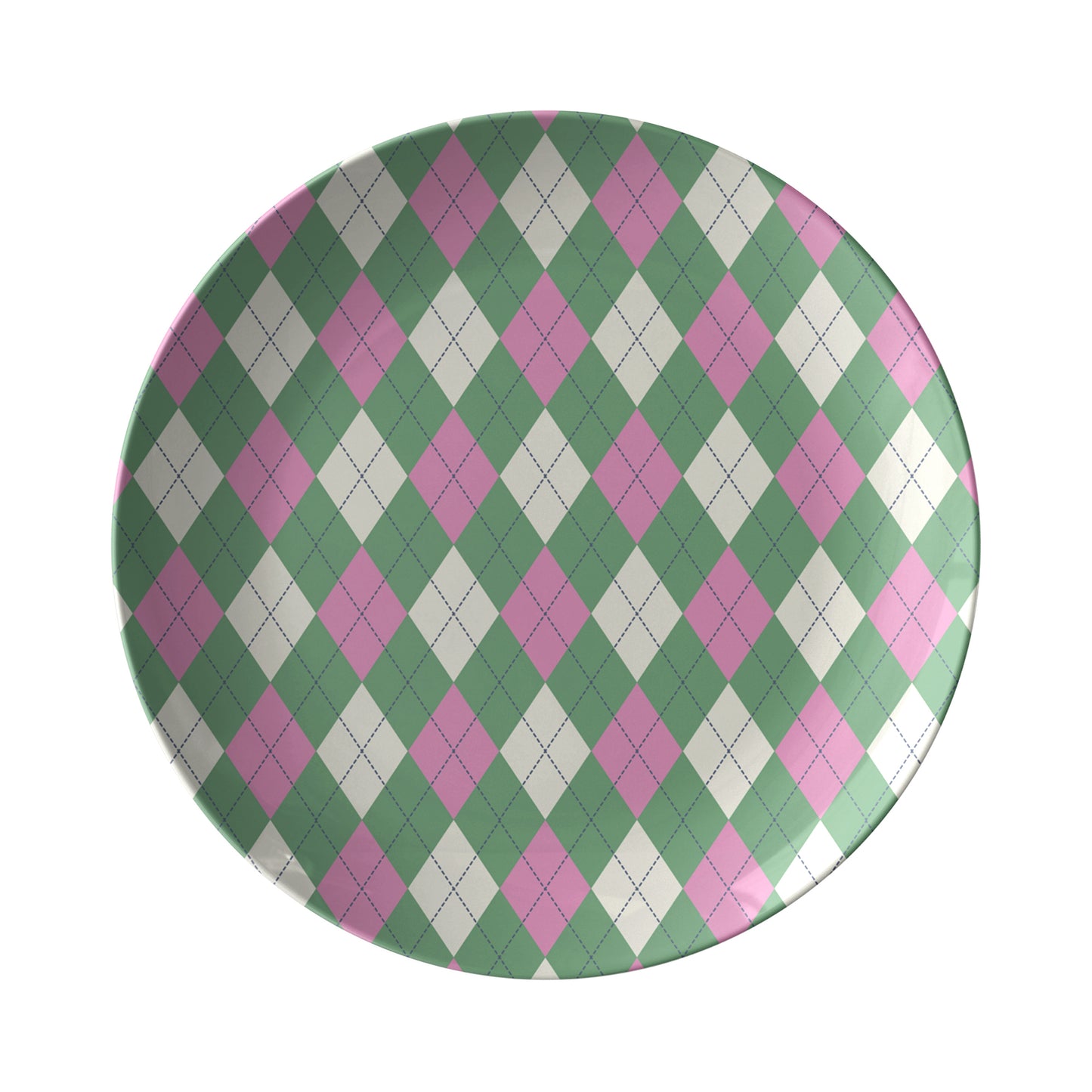 Round dinner plate with pink, green and cream argyle diamond pattern.