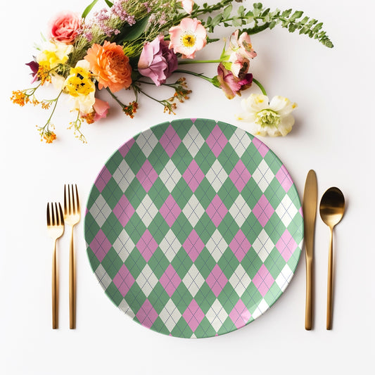 Argyle Plate, Pink, Green and Cream, Luxury Plastic, Choose Single or Set of Four