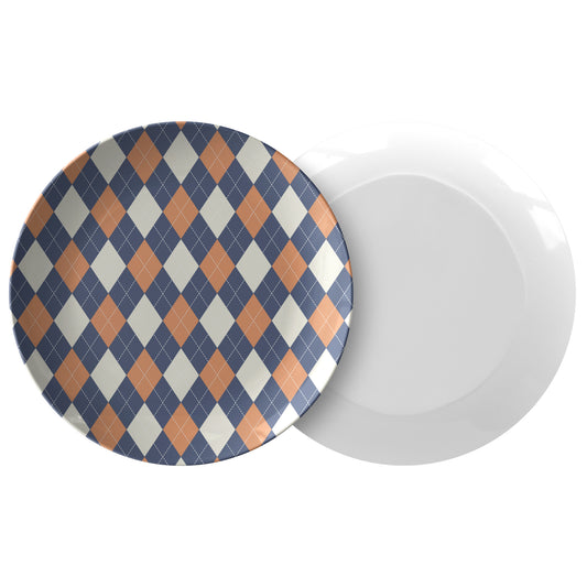 Argyle Plate, Navy, Orange and Cream, Luxury Plastic, Choose Single or Set of Four