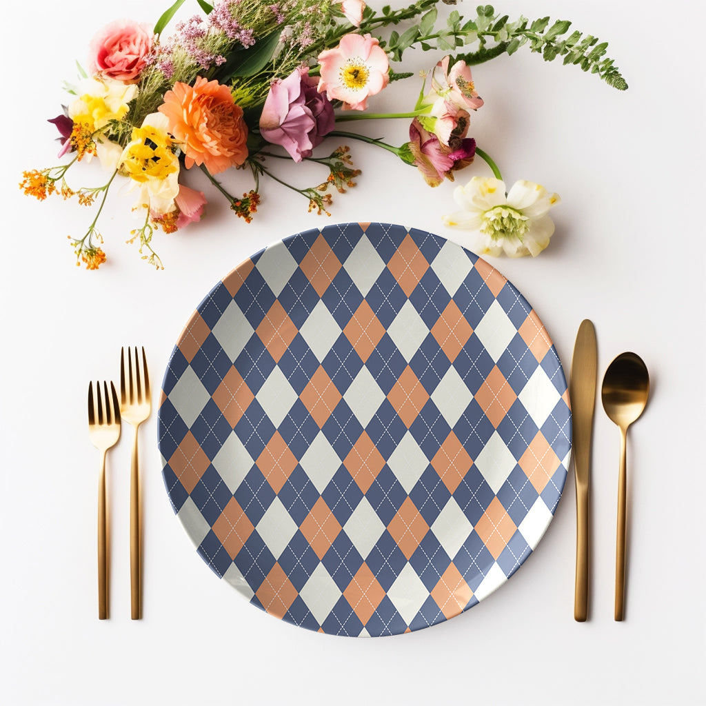 Argyle Plate, Navy, Orange and Cream, Luxury Plastic, Choose Single or Set of Four