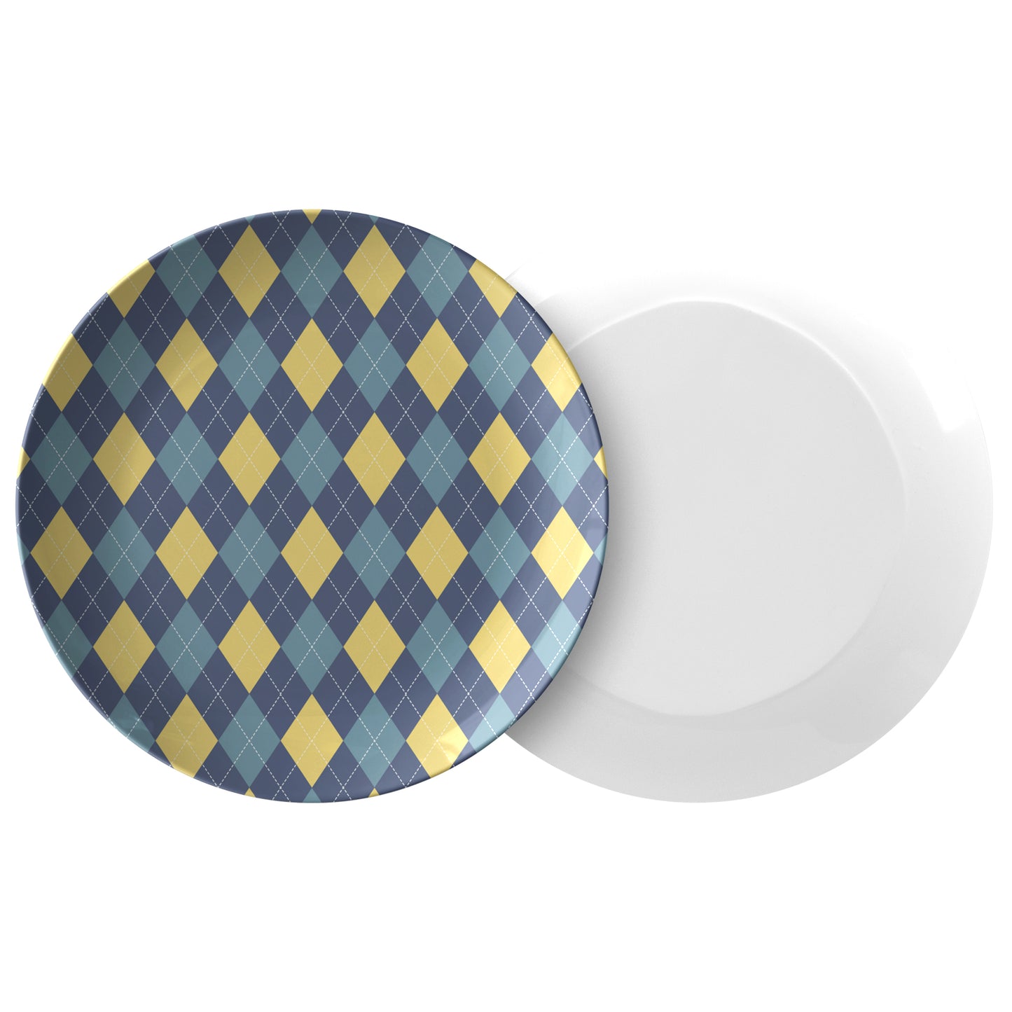 Argyle Plate, Navy, Yellow and Teal, Luxury Plastic, Choose Single or Set of Four