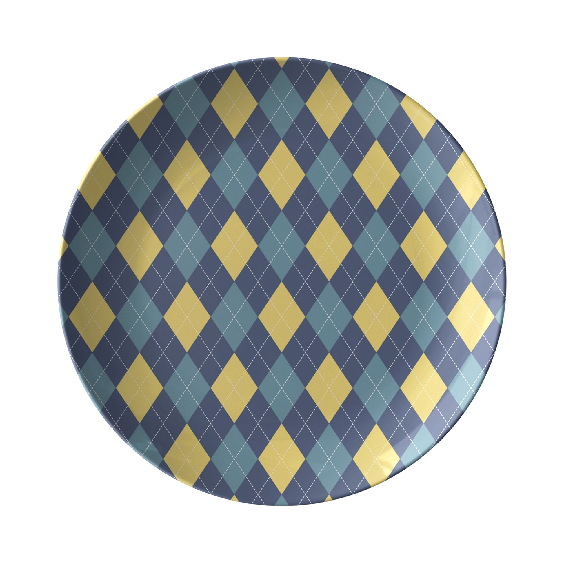Dinner Plate in an argyle diamond pattern in navy blue, yellow and teal.