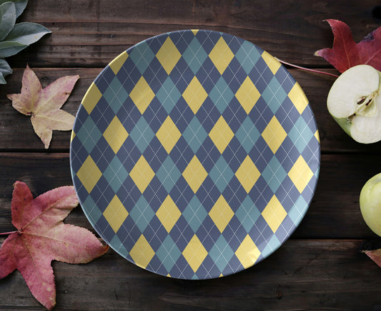 Argyle Plate, Navy, Yellow and Teal, Luxury Plastic, Choose Single or Set of Four