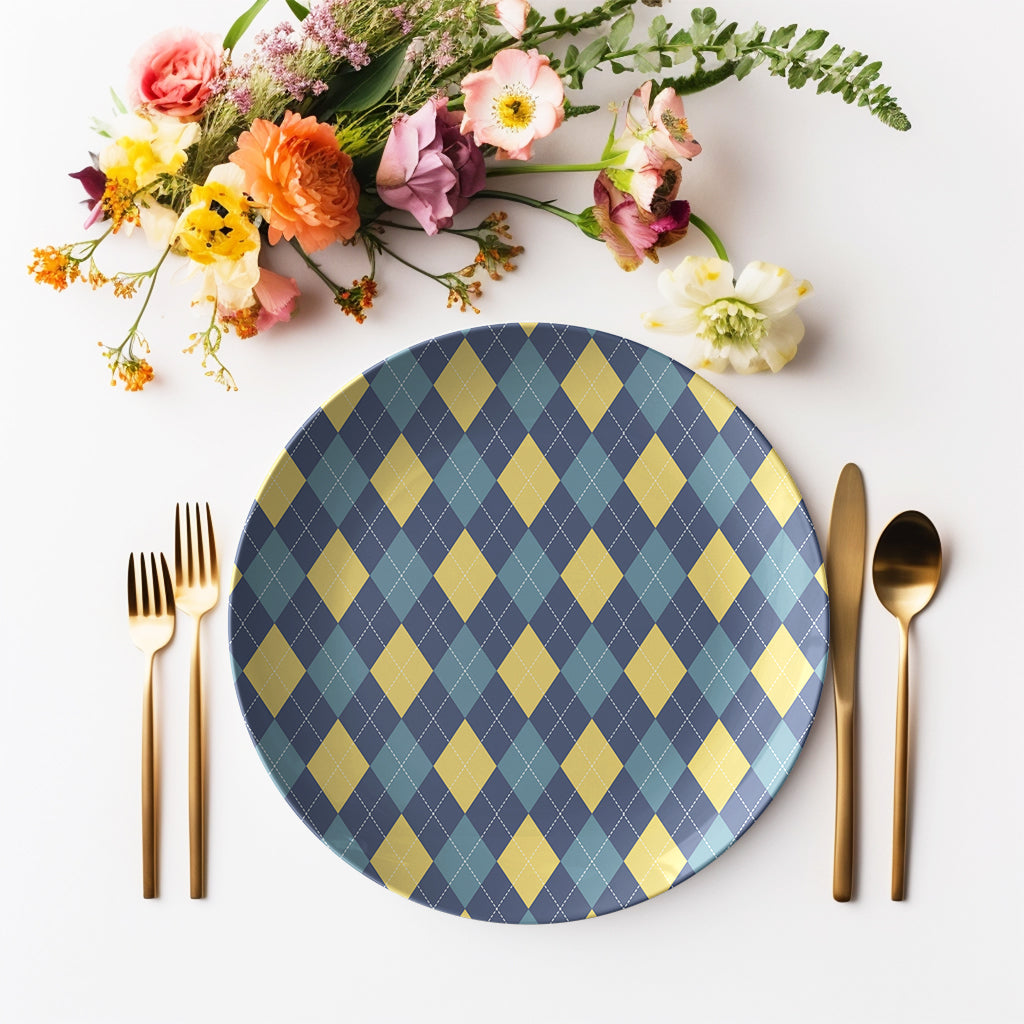 Argyle Plate, Navy, Yellow and Teal, Luxury Plastic, Choose Single or Set of Four
