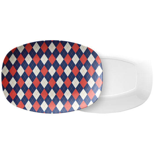 Argyle Serving Platter, Navy, Red, Cream, Luxury Plastic