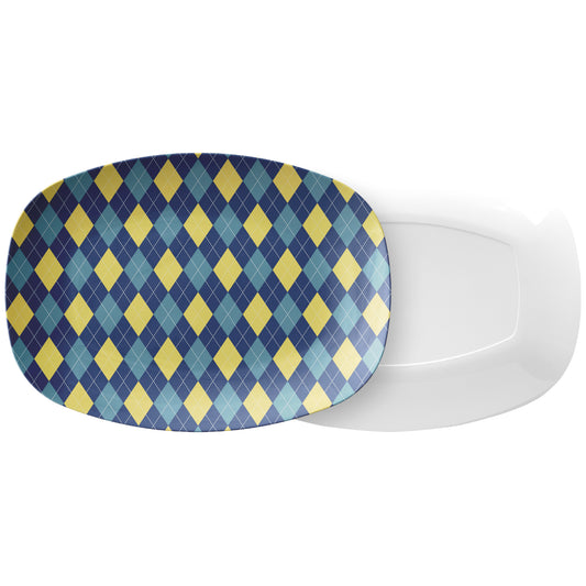 Argyle Serving Platter, Navy, Yellow, Teal, Luxury Plastic