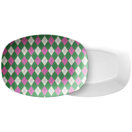 Argyle Serving Platter, Pink, Green, Cream, Luxury Plastic