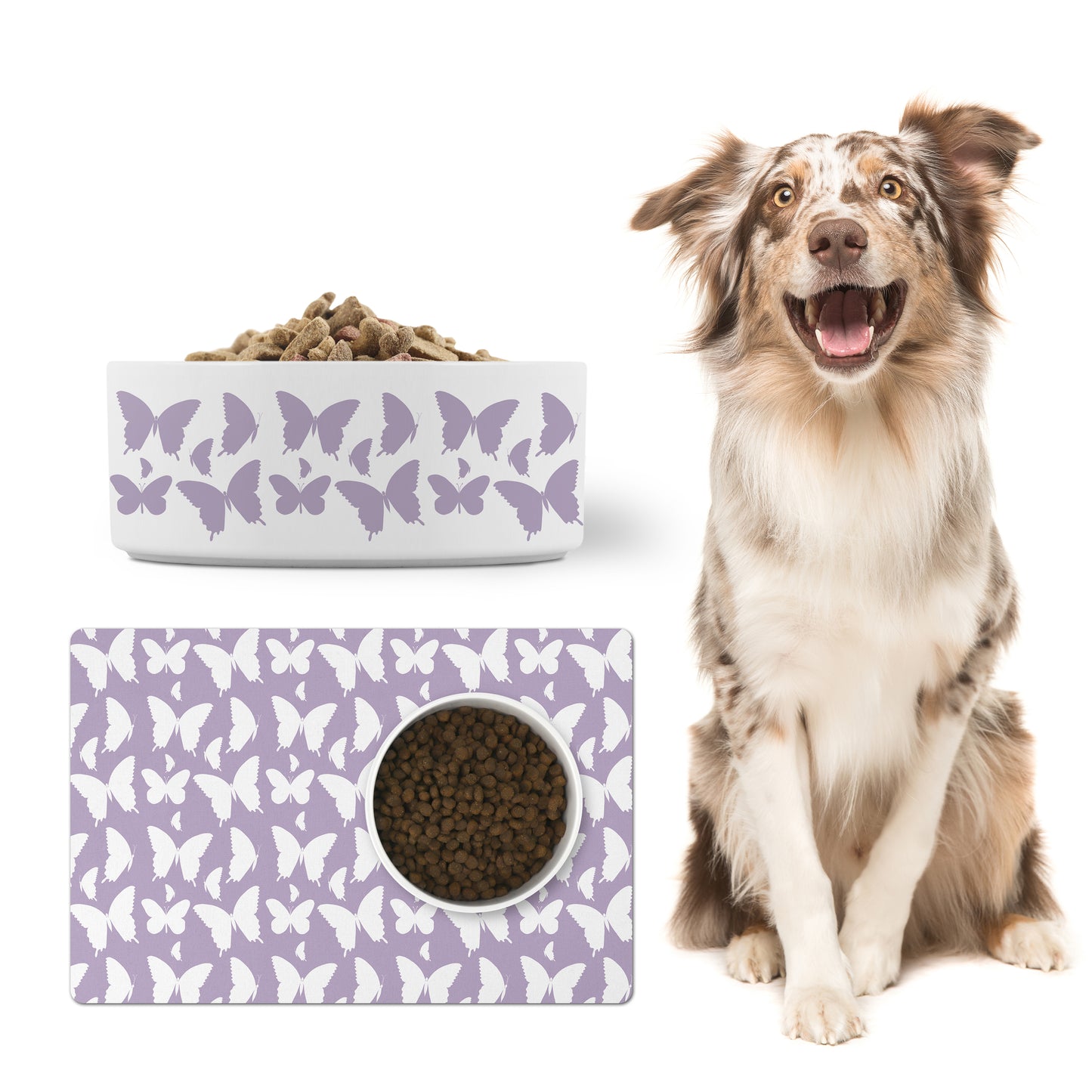 Butterflies Ceramic Pet Bowl, Lavender and White