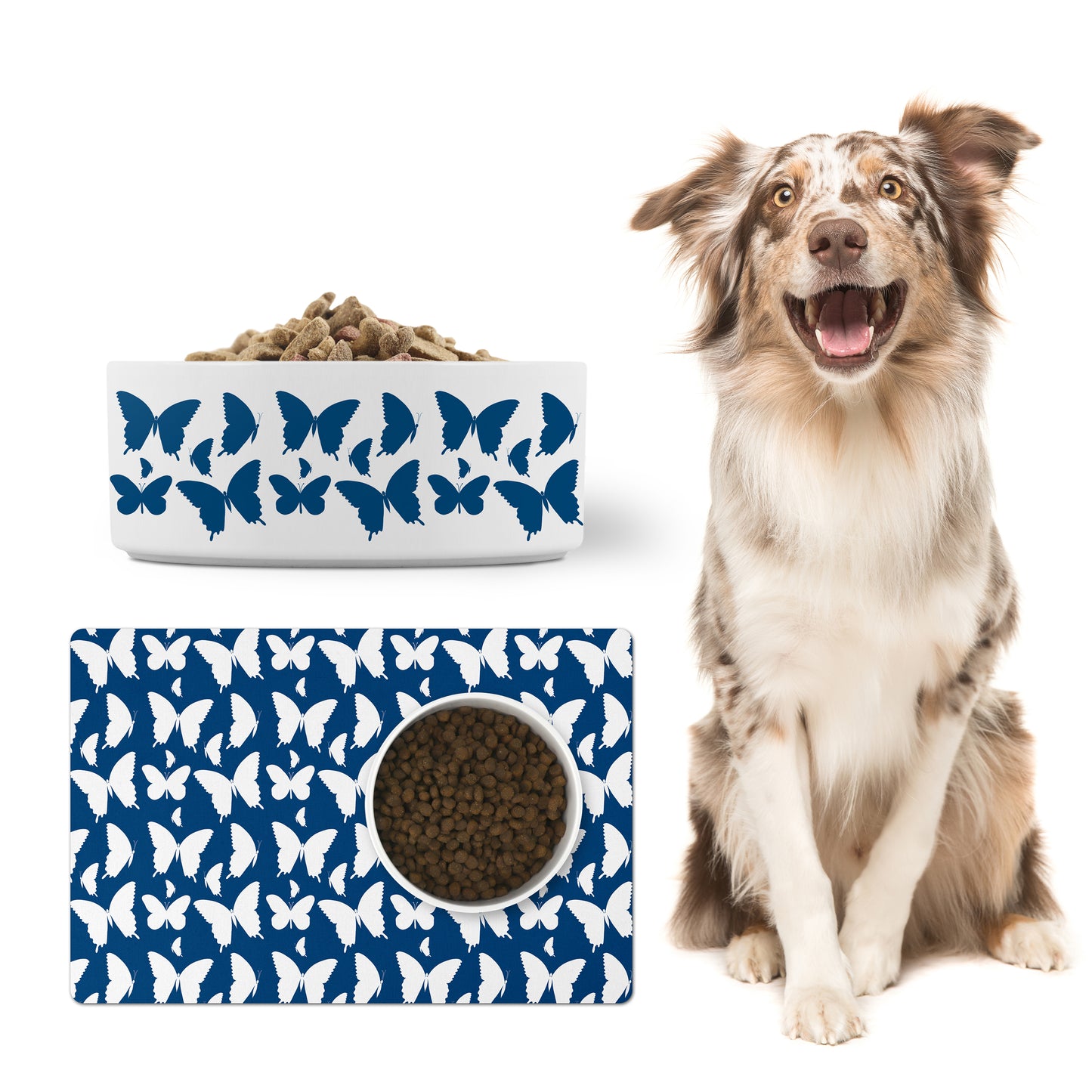 Butterflies Ceramic Pet Bowl, Indigo Blue and White