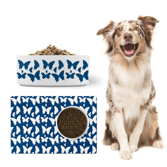 Butterflies Ceramic Pet Bowl, Indigo Blue and White