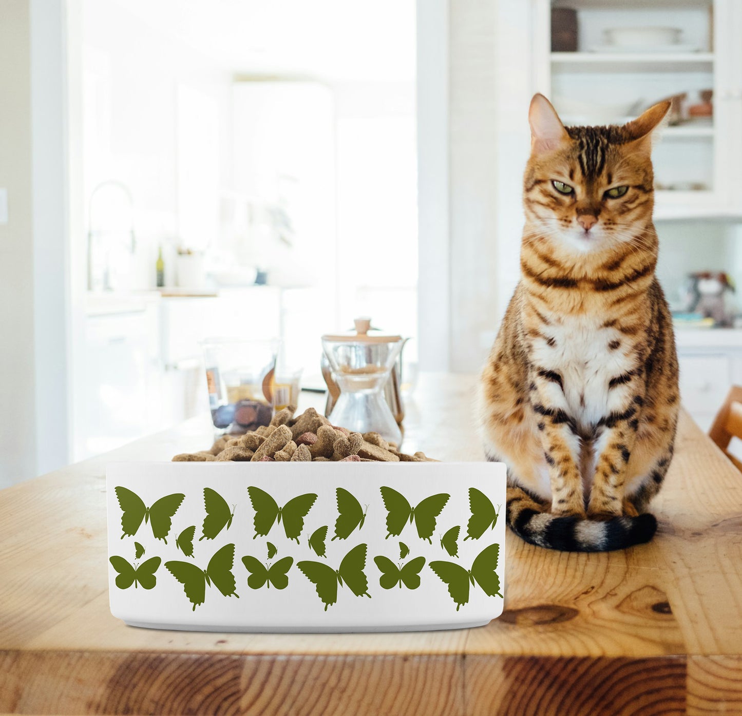 Butterflies Ceramic Pet Bowl, Green and White