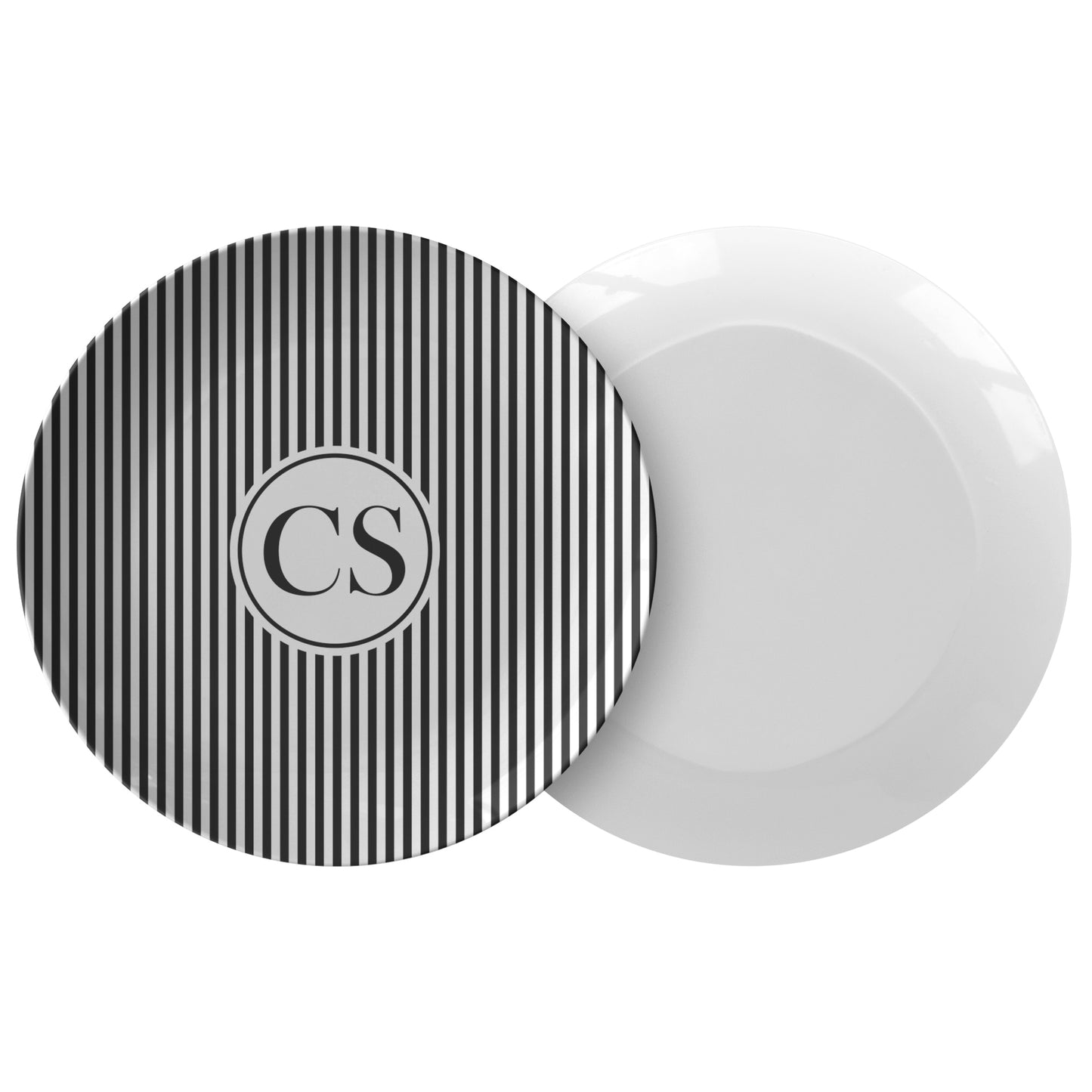 Monogram Plates 10"D, Black & White Stripes, Luxury Plastic, Choose 1 Single or Set of 4