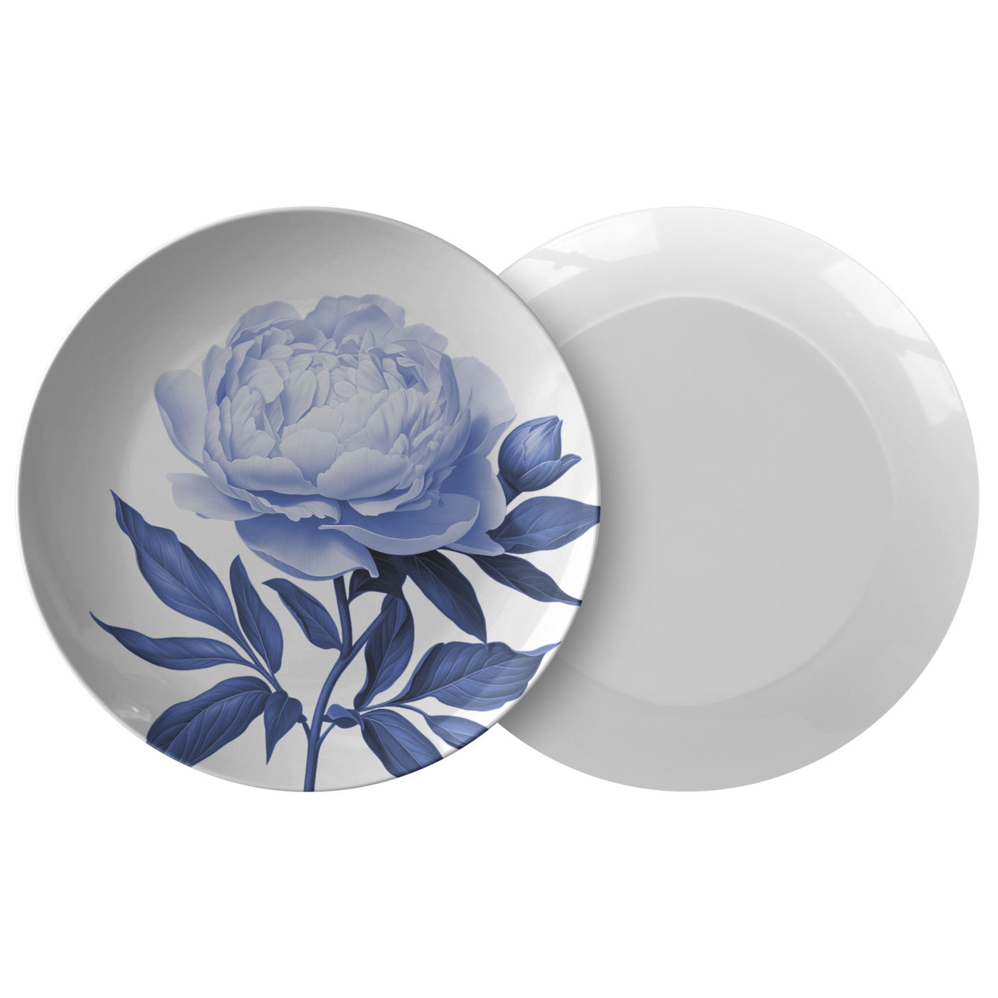 Blue Peony Flower Plates, Luxury Plastic Dinnerware, 10"D, Single or Set of 4