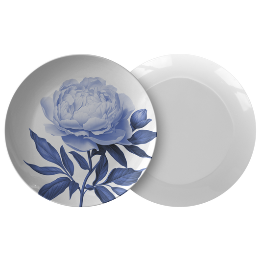 Blue Peony Flower Plates, Luxury Plastic Dinnerware, 10"D, Single or Set of 4