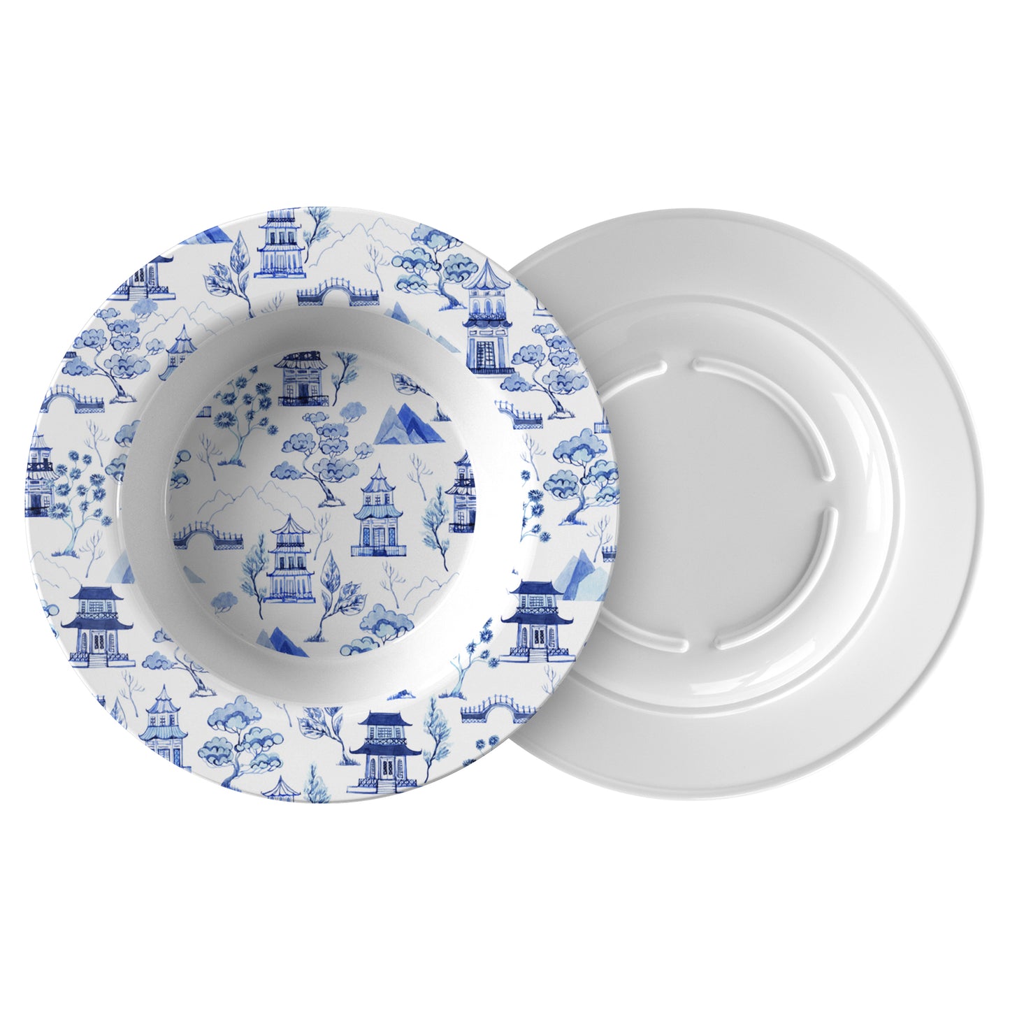 Chinoiserie Toile Bowl, Blue and White, Luxury Plastic, Choose Single or Set