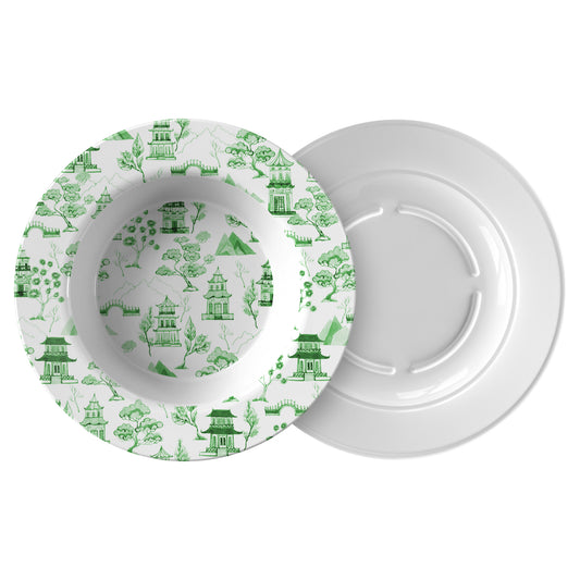 Chinoiserie Toile Bowl, Green and White, Luxury Plastic, Choose Single or Set