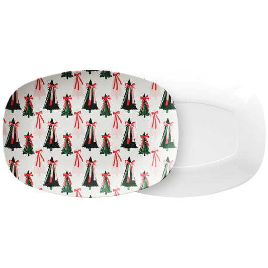 Christmas Serving Platter – Modern Christmas Trees, Green & Pink, Luxury Plastic