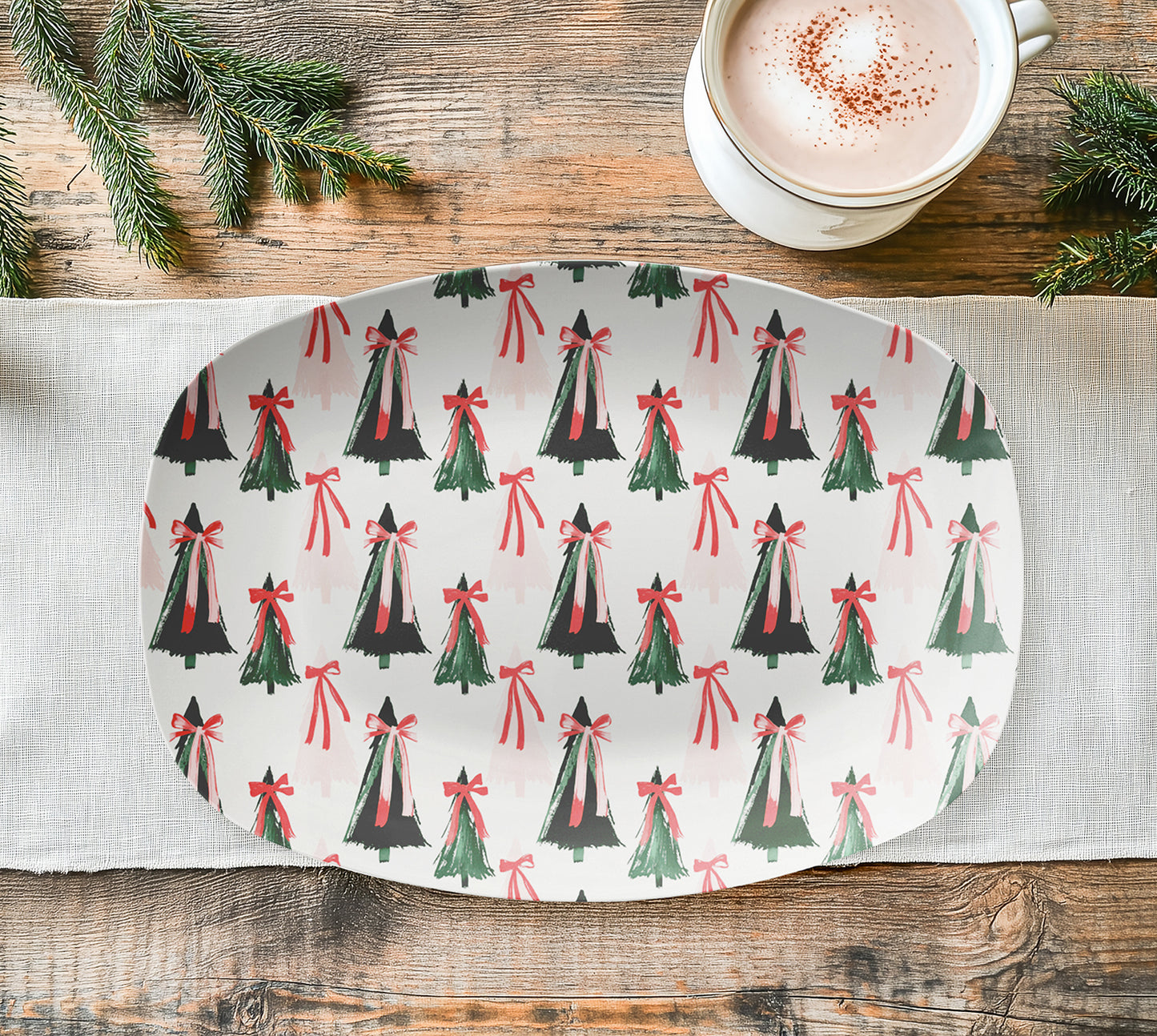 Christmas Serving Platter – Modern Christmas Trees, Green & Pink, Luxury Plastic