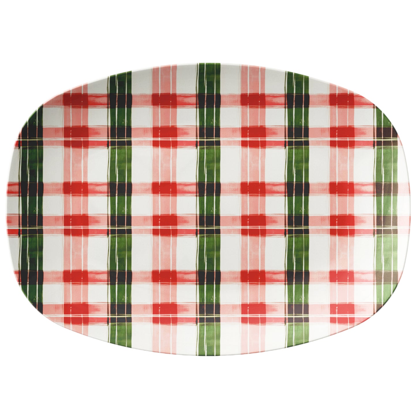 Plaid-patterned oval plate with pink, green, and white colors on a white background