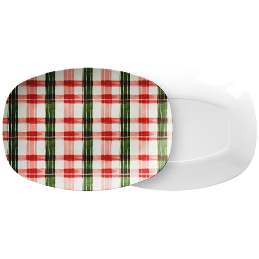 Christmas Serving Platter – Modern Tartan, Green, Red & Pink, Luxury Plastic