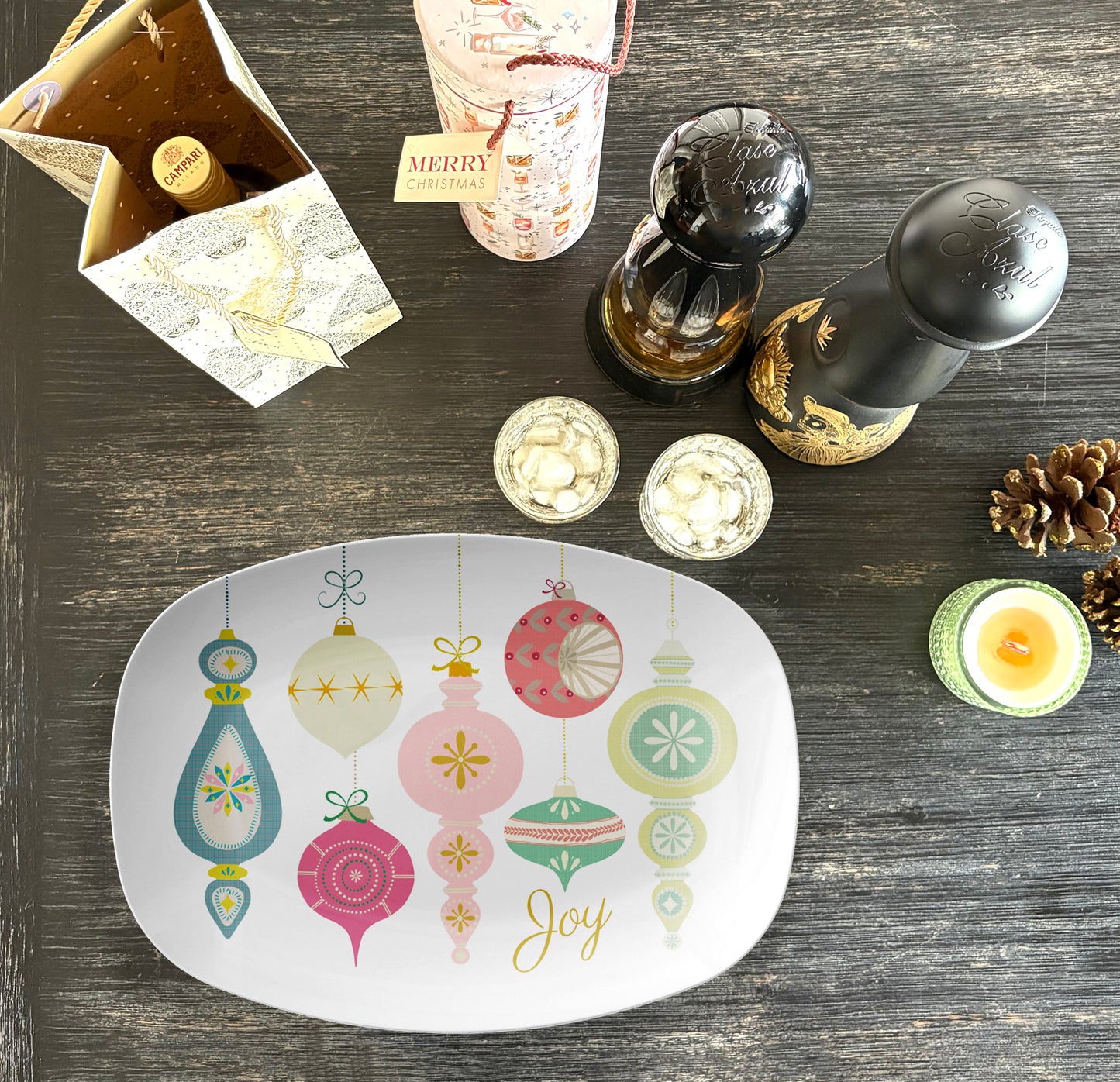 Christmas Joy Serving Platter, Vintage Christmas Ornaments Serving Dish, Luxury Plastic