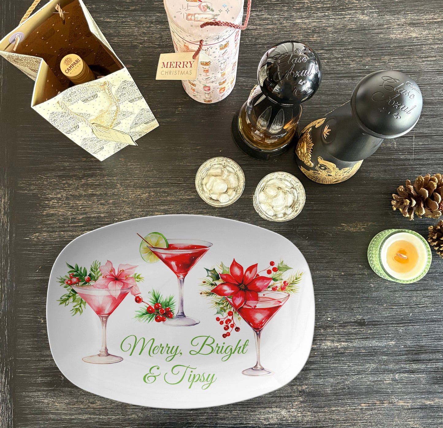 Merry, Bright & Tipsy Holiday Serving Platter, Luxury Plastic