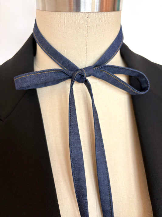Blue Denim Bow Choker - Skinny Ribbon Scarf & Necktie, Unisex