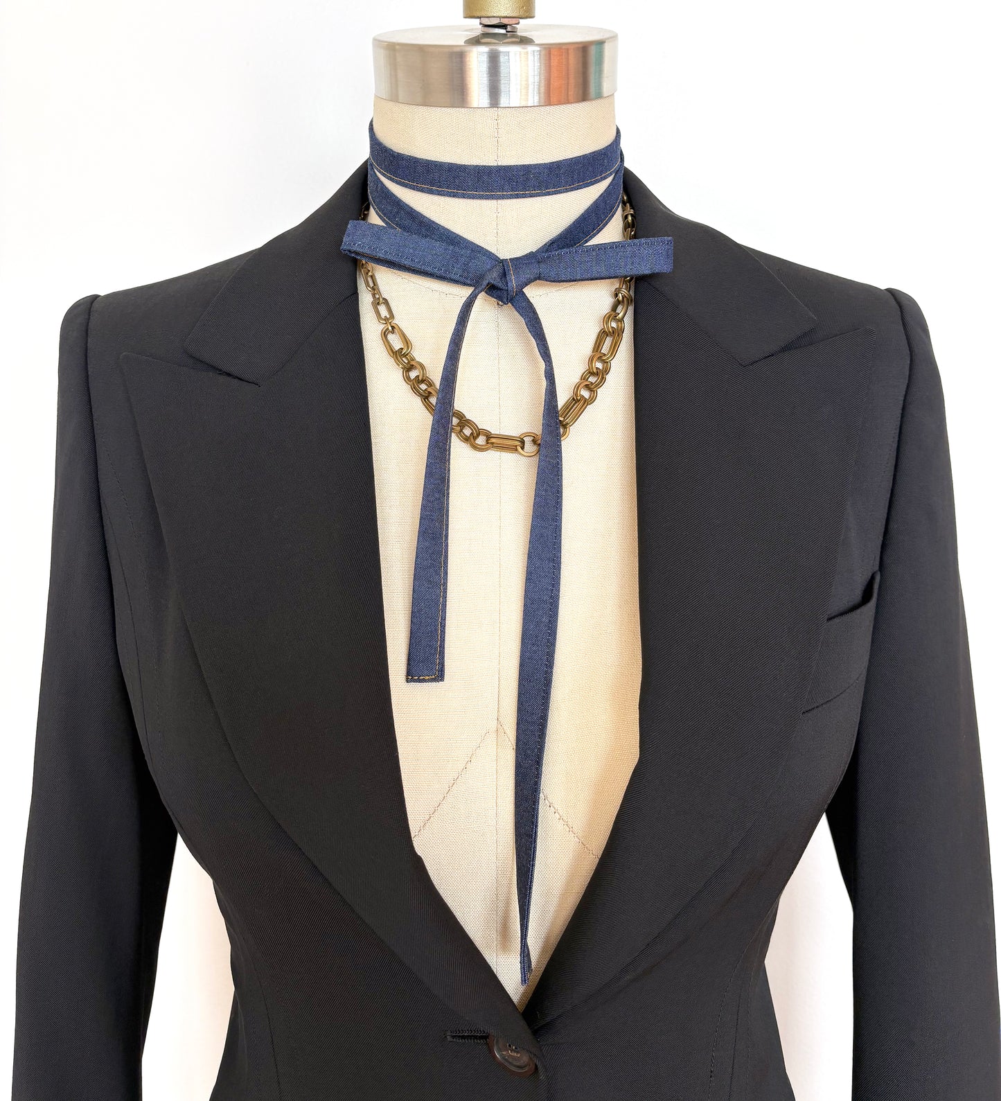 Blue Denim Bow Choker - Skinny Ribbon Scarf & Necktie, Unisex