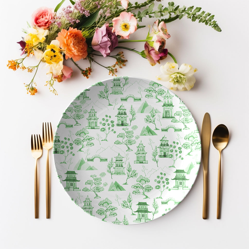 Chinoiserie Toile Dinner Plate, Green and White, Luxury Plastic, Choose Single or Set