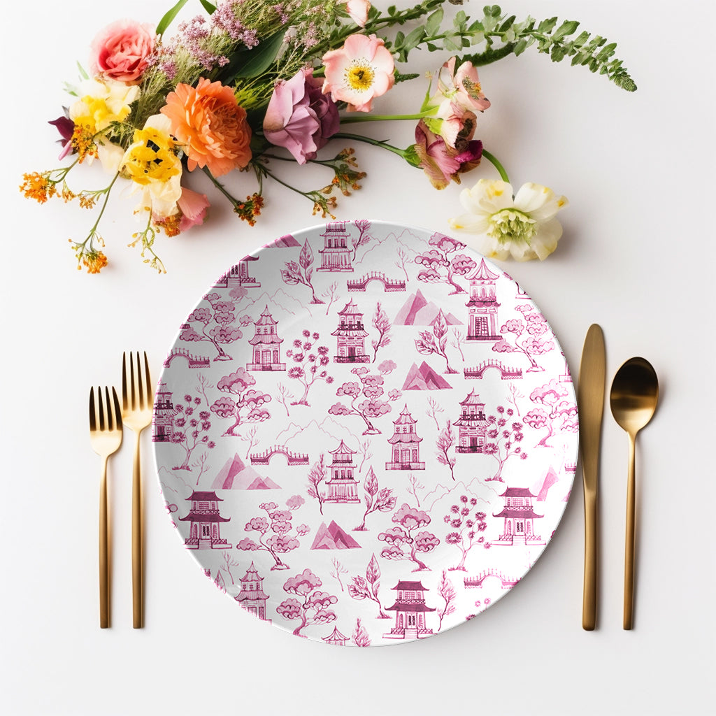 Chinoiserie Toile Dinner Plate, Pink and White, Luxury Plastic, Choose Single or Set