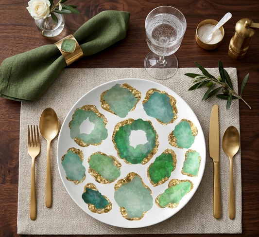 Luxury Emerald & Gold Gemstone Plastic Plates – Choose Single or Set