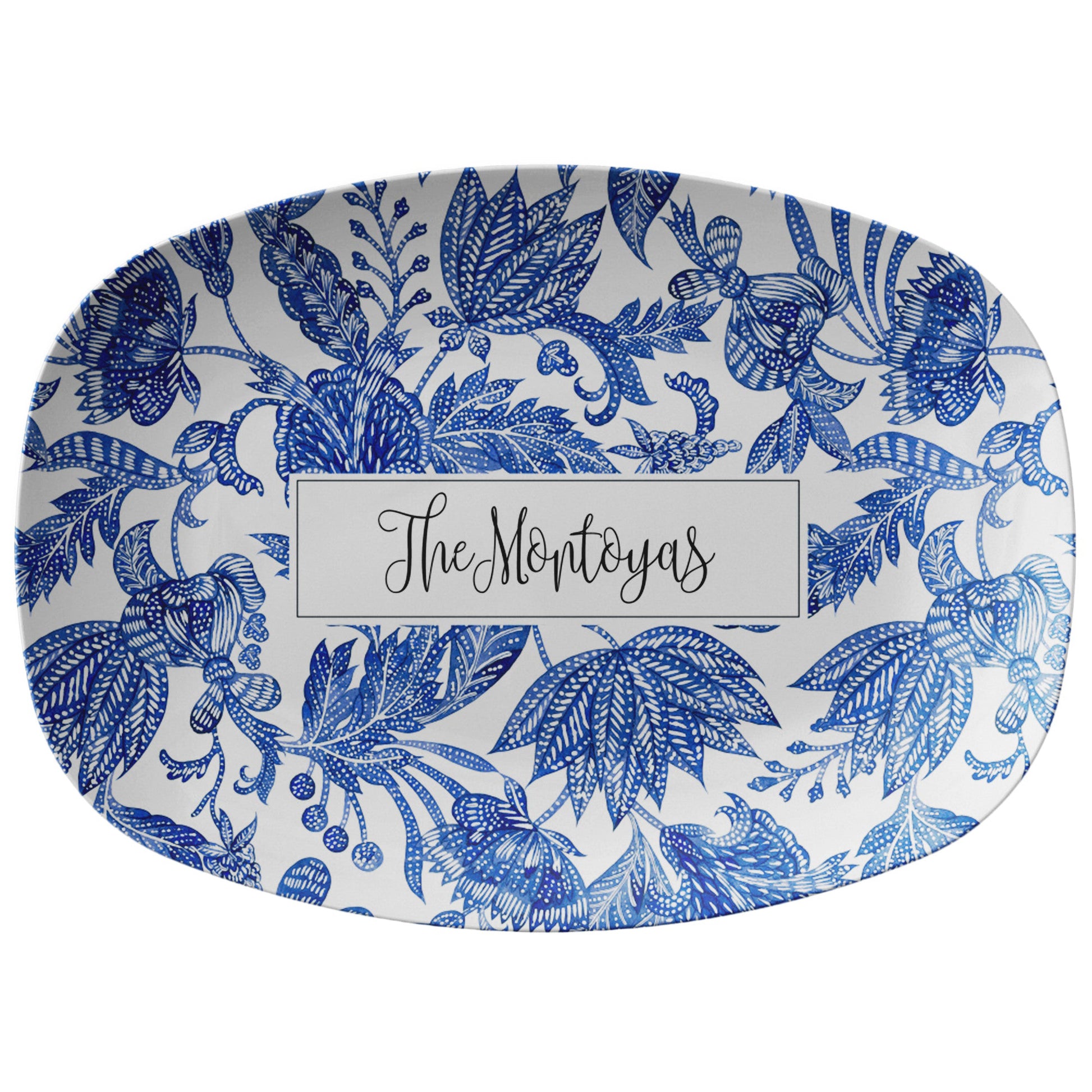 Personalized Serving Platter Kitchen gift with custom name, blue and white floral batik print