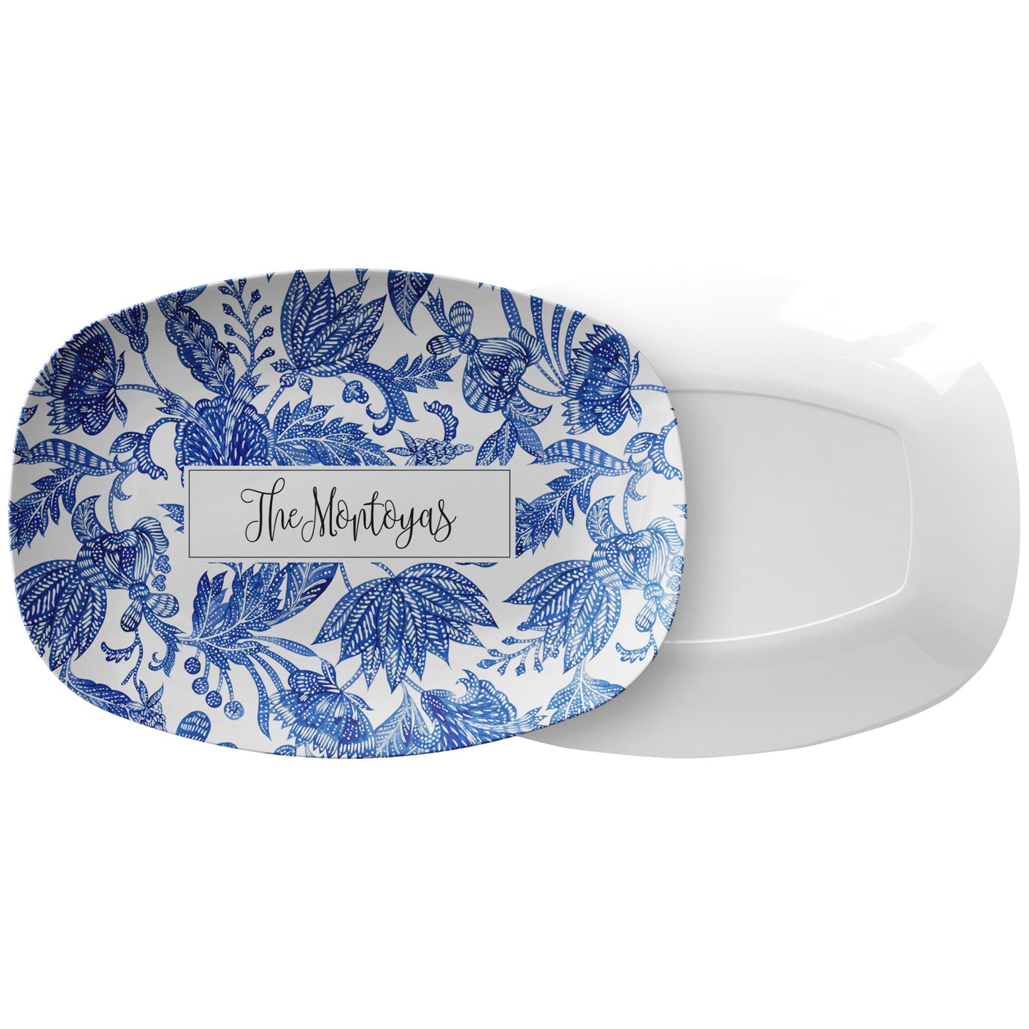 Personalized Serving Platter, Floral Batik, Blue and White, Luxury Plastic