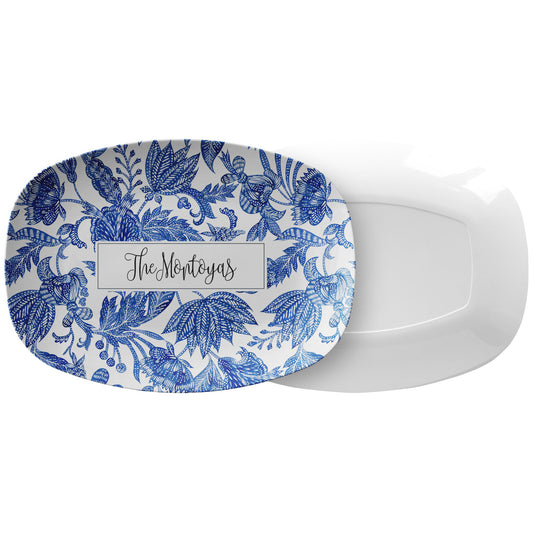 Personalized Serving Platter, Floral Batik, Blue and White, Luxury Plastic