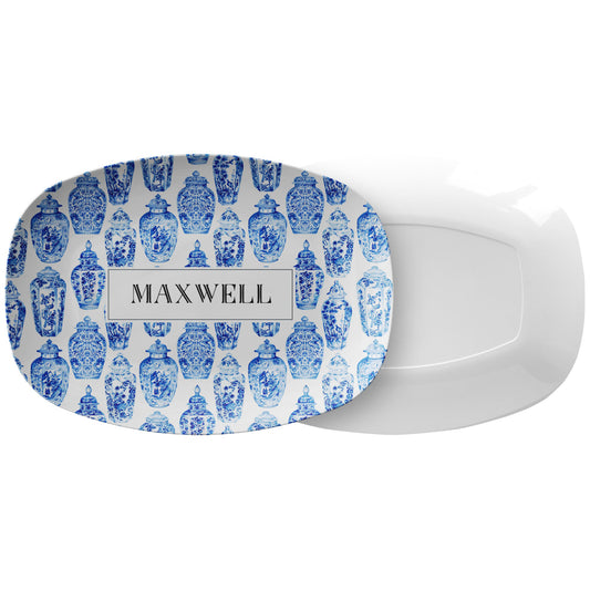Personalized Serving Platter, Chinoiserie, Ginger Jars, Blue and White, Luxury Plastic