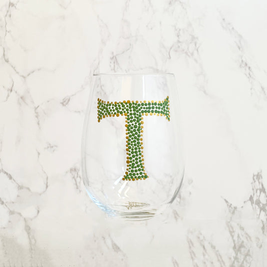 Personalized Wine Glass with Hand Painted Monogram Initial in Green & Gold, One of a Kind Handmade Gift