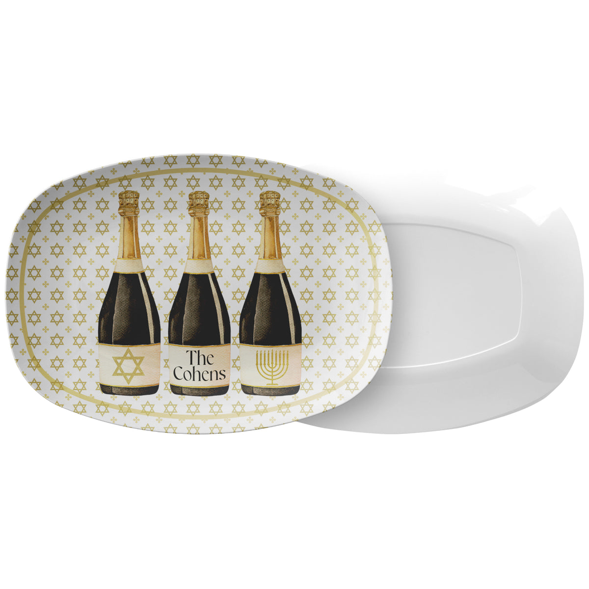 Hanukkah Celebration Personalized Serving Platter with Champagne Bottles Print, Luxury Plastic