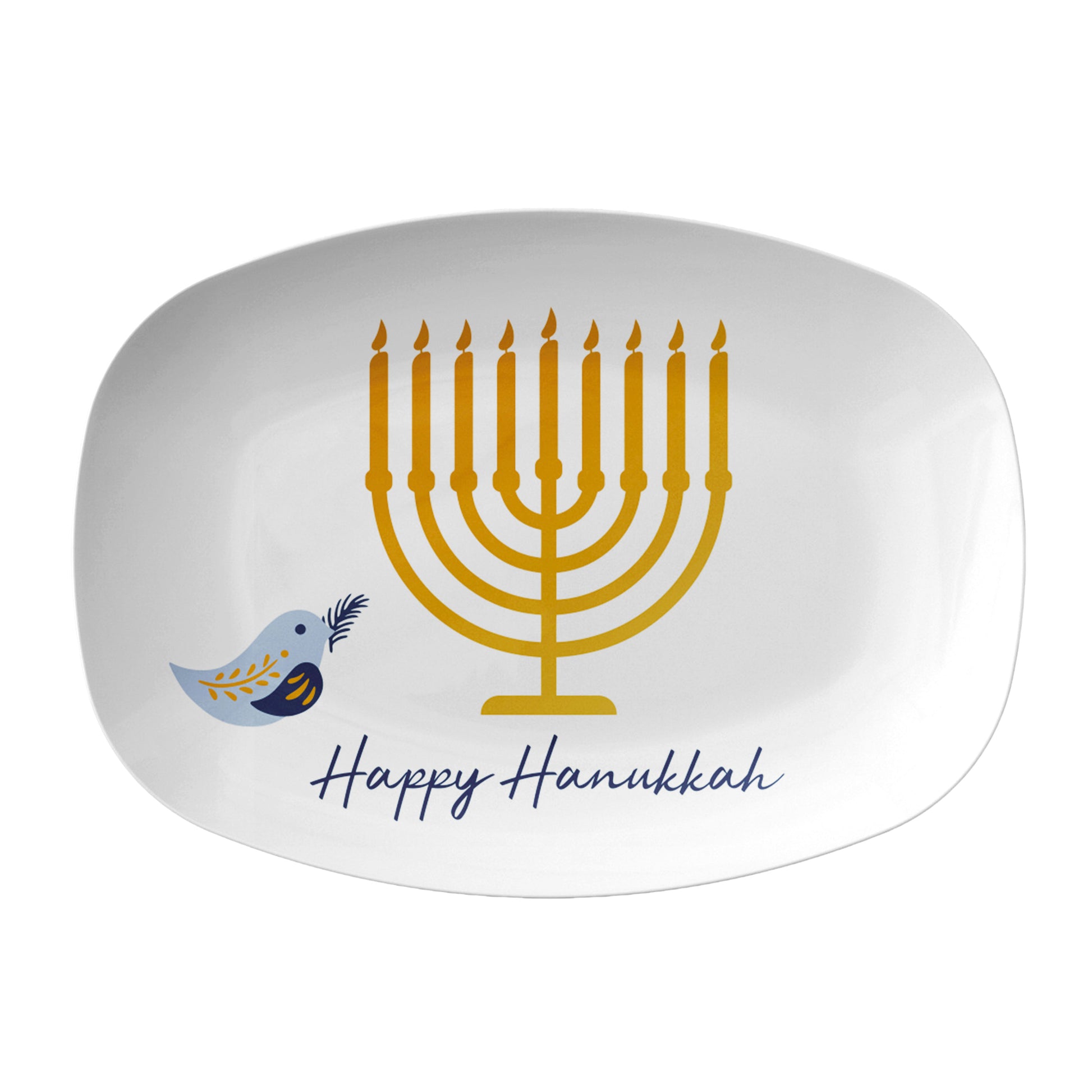 White serving platter with gold menorah and blue bird design, featuring 'Happy Hanukkah' text.