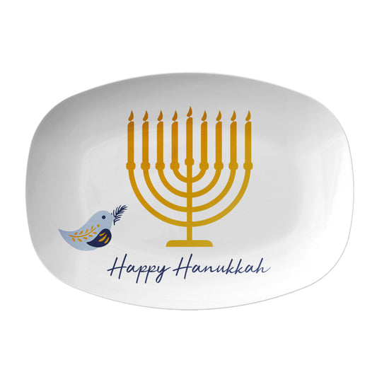 White serving platter with gold menorah and blue bird design, featuring 'Happy Hanukkah' text.