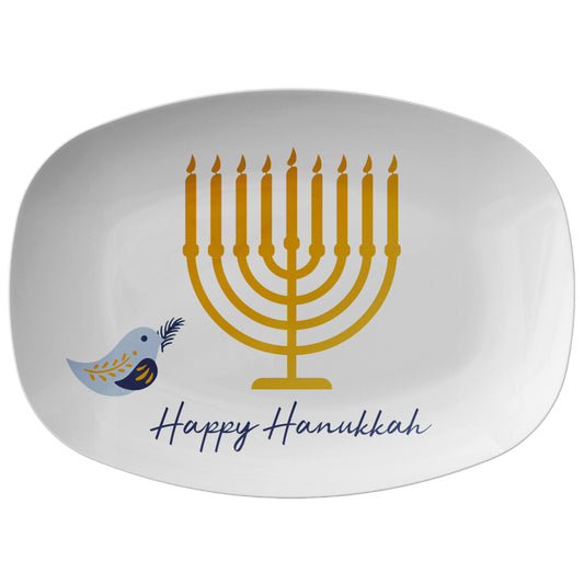 Happy Hanukkah Serving Platter with Gold Menorah & Dove that says Happy Hanukkah
